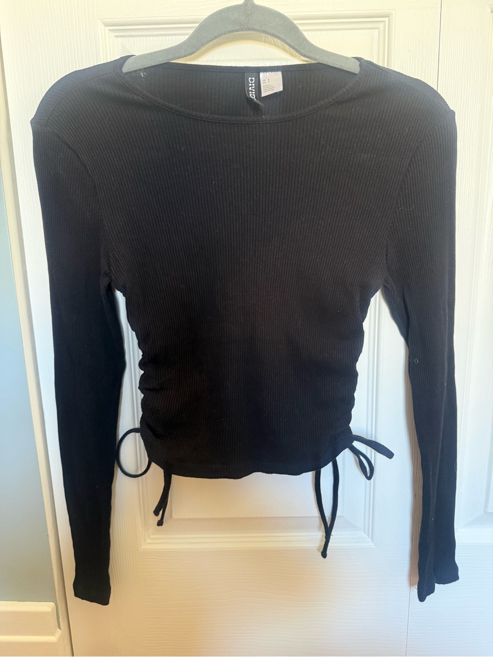 H&M Black Ribbed Ruched Side Tie Long Sleeve Top Size S